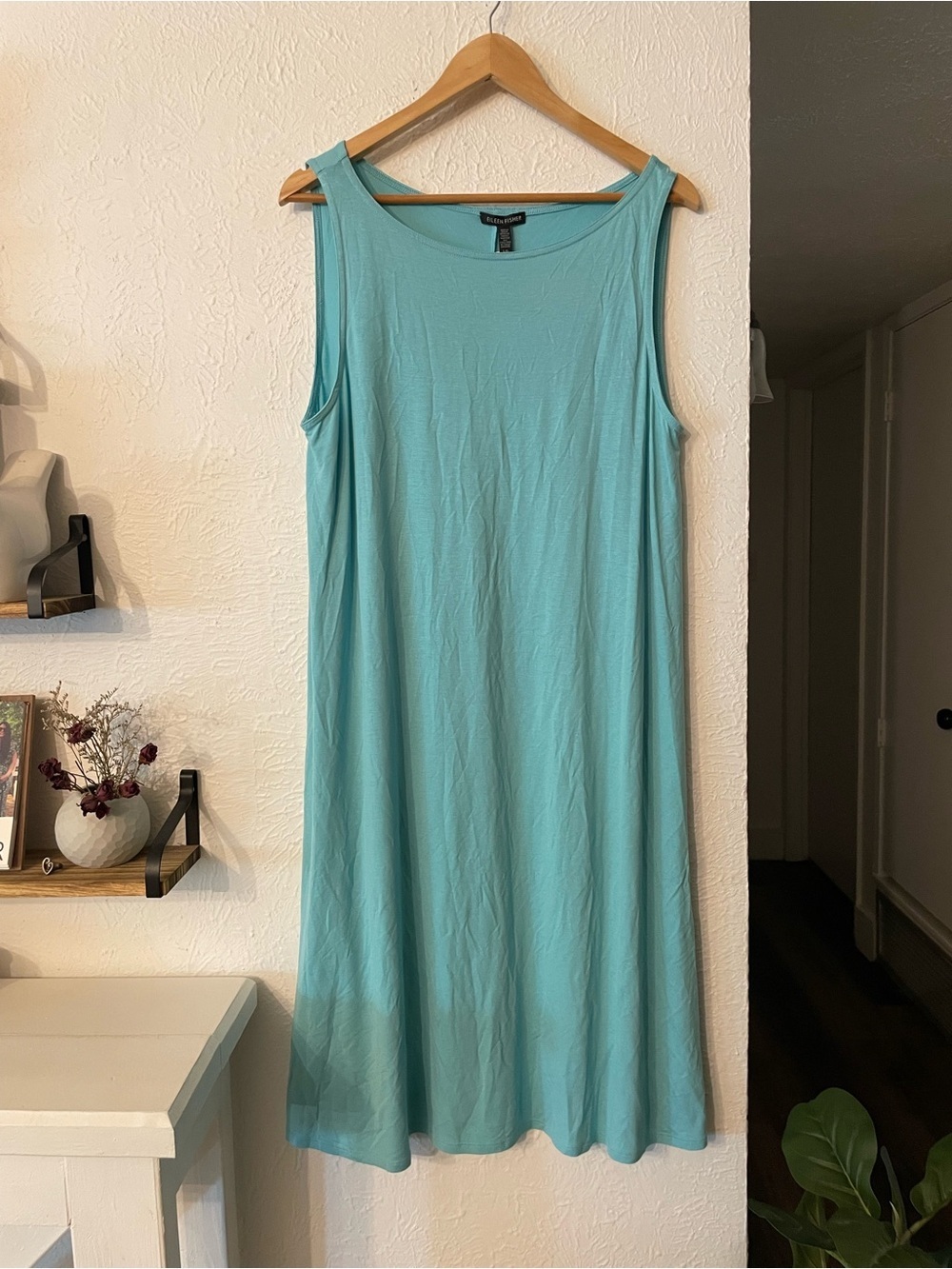 NWT Eileen Fisher Sleeveless Maxi Dress Scarb Aqua Bateau Neck Large
